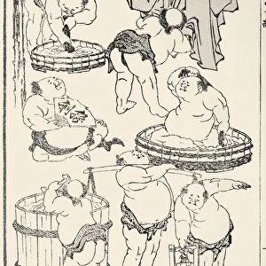 Seven sumo wrestlers going about their business. Woodblock print, 1817, from the Mangwa of Katsushika Hokusai