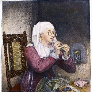 SEWING, 19th CENTURY. Threading the Needle. Steel engraving, English, 19th century, after a painting by Michael William Sharp