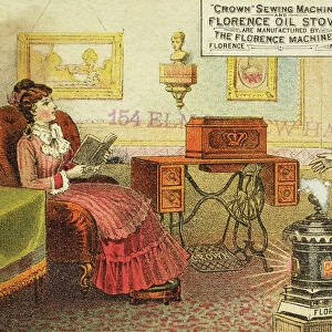 SEWING MACHINE AD, c1880. American merchants trade card, c1880, for Crown Sewing Machines & Florence Oil Stoves