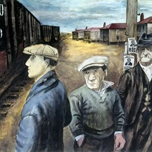 SHAHN: THREE MEN. Three working class men near a railroad station. Painting by Ben Shahn (1898-1969)