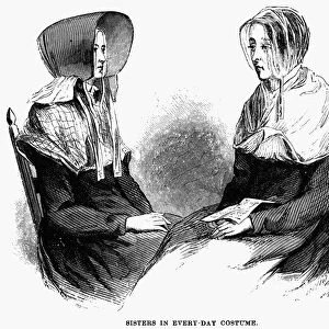 SHAKER WOMEN, 1875. Shaker women in everyday costume. Wood engraving, 1875