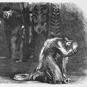SHAKESPEARE: HAMLET. Hamlet watching King Claudius at prayer after the latters hasty exit during a performance of The Mouse-Trap (Act III, Scene II). Wood engraving after Sir John Gilbert, 1881