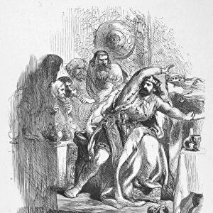 SHAKESPEARE: MACBETH. The ghost of Banquo appears before Macbeth (Act III, scene 4) in William Shakespeares Macbeth. Wood engraving, English, 19th century