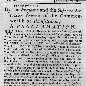 SHAYS REBELLION, 1786. Proclamation by the State of Pennsylvania offering a reward