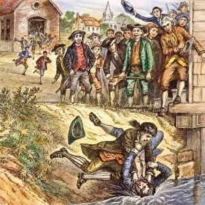 SHAYS REBELLION, 1786. A scuffle by the courthouse at Springfield, Massachusetts, between opposing factions in Shays Rebellion, 1786. Wood engraving, 19th century