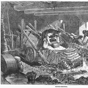 SHEFFIELD: FACTORY, 1865. Scythe grinding at a factory in Sheffield, England. Wood engraving, English, 1865