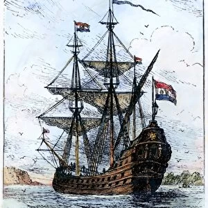 The ship New Netherland, which in 1623 brought the first Dutch settlers to the Hudson River and to Delaware. Wood engraving, American, 1898