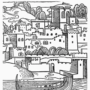 SHIPBUILDING, 1486. The beaming of a ship. Detail of a woodcut, 1486