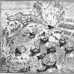 SIEGE OF ANTWERP, 1585. Dutch fire ships are sent against a pontoon bridge across