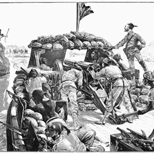 SIEGE OF KHARTOUM, 1884. General Charles George Gordon and Egyptian troops aboard a gunboat in the Nile during an unsuccessful attempt to break the siege of Khartoum by Sudanese forces of the Mahdi, 1884. Contemporary English wood engraving after an illustration by William Heysham Overend