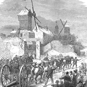 SIEGE OF PARIS, 1871. Bringing the ship guns to the buttes of Montmartre during the Prussian attack on Paris, France, January 1871, during the Franco-Prussian War. Wood engraving from a contemporary English newspaper