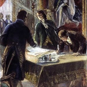 The signing of the purchase by Marquis Francois de Barbe-Marbois, Robert Livingston, and James Monroe in Paris, 30 April 1803. After a painting by Andr