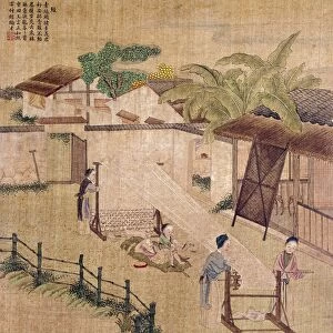 Silk weaving on a wooden loom. Chinese silk painting, c1650-1726