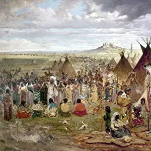 SIOUX ENCAMPMENT. Large Sioux encampment. Oil on canvas by Jules Tavernier, c1874-84