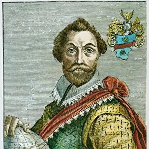 SIR FRANCIS DRAKE (1540?-1596). English admiral. Colored Flemish engraving, 17th century