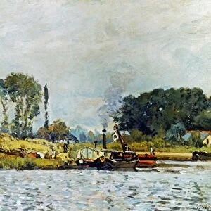 SISLEY: BOATS, 1873. Boats at the Lock of Bougival. Oil on canvas by Alfred Sisley