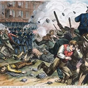 The Sixth Maryland militia firing into a hostile crowd and killing 12 in Baltimore on July 20 at the beginning of the Great Railroad Strike of 1877: contemporary engraving