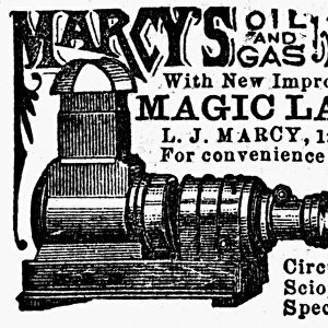SLIDE PROJECTOR AD, 1878. American newspaper advertisement, 1878, for Sciopticon slide projectors, manufactured by Lorenzo J. Marcy of Philadelphia, Pennsylvania