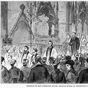 SOCIETY WEDDING, 1877. The marriage of Lady Cecilia Northcote and Mr. Reginald MacLeod at Westminster Abbey, London, England. Line engraving, English, 1877