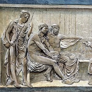 Socrates teaching the people in the Agora: engraving, 19th century, after a bas-relief