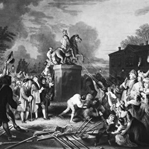Sons of Freedom pulling down the statue of King George III at Bowling Green, New York City, July 1776. Steel engraving, 1859, by John C. McRae after J. A. Oertel