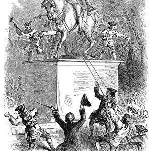 The Sons of Liberty pulling down the statue of King George III at the Bowling Green, New York, on the night of 9 July 1776. Wood engraving after Felix O. C. Darley, 1877