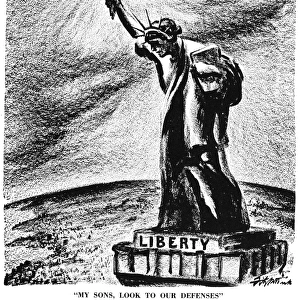 My Sons, Look to our Defenses. American cartoon by D. R. Fitzpatrick, 26 May 1940, on the war in Europe following Germanys invasions of Denmark, Norway, and the Low Countries in April