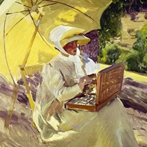 SOROLLA: PAINTER, 1907. Maria Sorolla painting at El Prado, Madrid, Spain. Oil on canvas, 1907, by Joaquin Sorolla