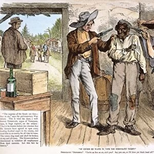 Southern Democrats forcing black voters to vote the Democratic ticket: cartoon published in an American newspaper just before the presidential election of 1876