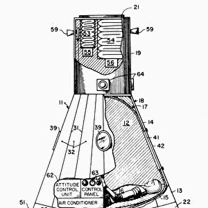 SPACE CAPSULE, 1963. Engraved patent drawing, 1963, for a space capsule developed by Dr. Maxine A. Faget and his team for the NASA space program