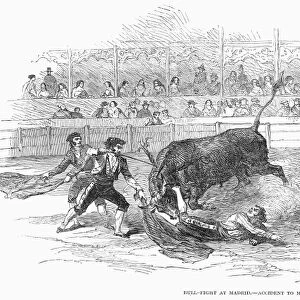 SPAIN: BULLFIGHTING, 1891. Bull fight at Madrid - accident to Francisco Montes, the famous Spanish matador. Wood engraving, English, 1850