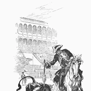 SPAIN: BULLFIGHTING, 1891. The caballero en plaza attacking the bull in Madrid, Spain