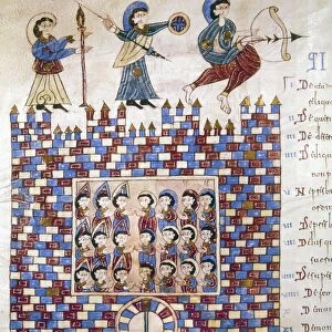 SPAIN: RECONQUEST. Christian soldiers occupy a walled city wrested from Muslim control; armed angels guard the ramparts. Manuscript illumination, Spanish