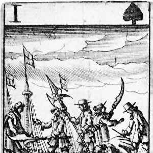 SPANISH ARMADA, 1588. Severall Strange Weapons taken from the Spaniard which were provided to destroy ye English. The one of spades from a deck of English playing cards depicting the defeat of the Spanish Armada, 1588