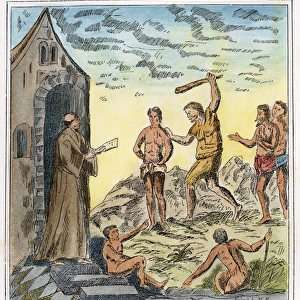 SPANISH CRUELTY, 1600. A Spaniard flogging native Indians for failing to attend church