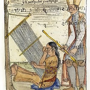 SPANISH CRUELTY. A young Incan woman weeping as a Spanish nobleman beats her for