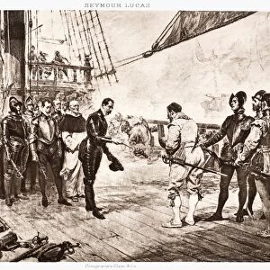 SPANISH SURRENDER, 1588. The Admiral of the Spanish Armada surrendering to Sir Francis Drake