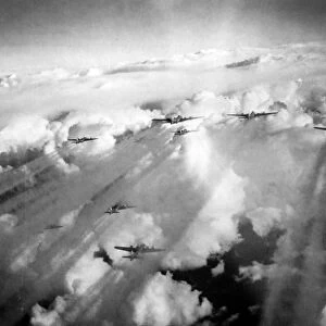 A squadron of American fighter planes in a scene from the American propaganda film, Memphis Belle, 1944
