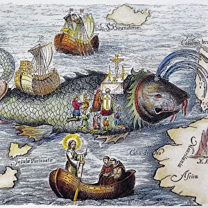 ST. BRENDAN: MASS. St. Brendan and his monks celebrate Mass on the back of a whale