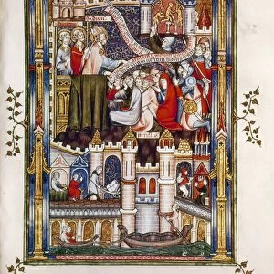 ST. DENIS PREACHING, 1317. St. Denis preaching and life on the bridges of Paris: French manuscript illumination, 1317