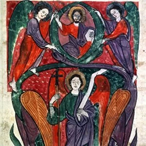 ST. MICHAEL SLAYS DRAGON with Christs blessing (top): spanish manuscript illumination, 1220