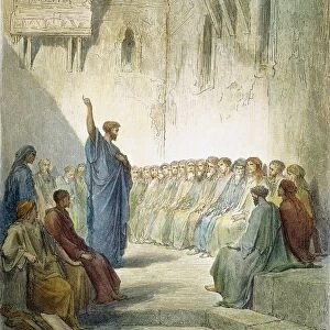 ST. PAUL PREACHING. St. Paul preaching to the Thessalonians (I Thessalonians 2: 9). Wood engraving, 19th century, after Gustave Dor