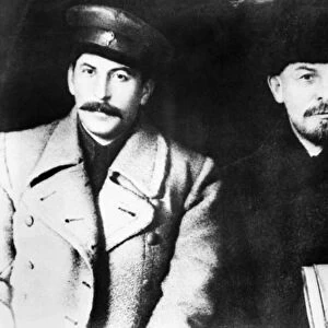 STALIN, LENIN & KALININ, 1919. Communist leaders Joseph Stalin, Vladimir Lenin and Mikhail Ivanovich Kalininy, photographed at the 8th Congress of the Russian Communist Party, 18-23 March 1919