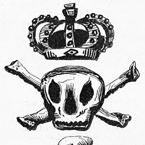 STAMP ACT, 1765. Emblem, attributed to Paul Revere, suggesting that all was death between the crown of England and the liberty (the phrygian cap)