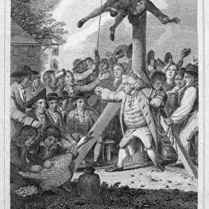 STAMP ACT, 1765. Stamp agent strung up on a Liberty Pole during an anti-Stamp Act demonstration in the American colonies in 1765. Line engraving by Elkanah Tisdale, c1820, from an edition of John Trumbulls M Fingal, first published in 1775