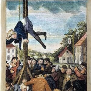STAMP ACT, 1765. A Tory stamp agent strung up on a Liberty Pole while another is about to be tarred and feathered in an anti-Stamp Act demonstration in 1765: colored engraving from John Trumbulls M Fingal, 1765