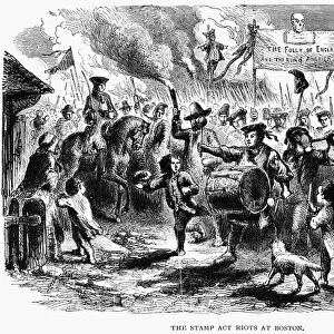 STAMP ACT RIOT, 1765. Stamp Act riots at Boston, Massachusetts, between 1765-66. Wood engraving, American, 19th century