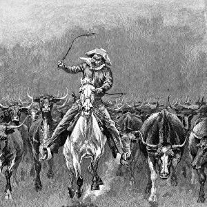 IN A STAMPEDE. Wood engraving, 1888, after a drawing by Frederic Remington (1861-1908)