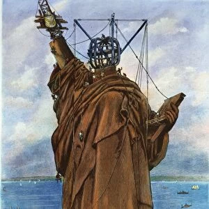 STATUE OF LIBERTY 1886. The Statue of Liberty nearing completion in New York harbor in 1886. Contemporary French color engraving