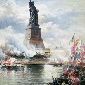 STATUE OF LIBERTY, 1886. The unveiling of the Statue of Liberty in New York Harbor, 28 October 1886. Oil on canvas, 1886, by Edward Moran (1829-1901)